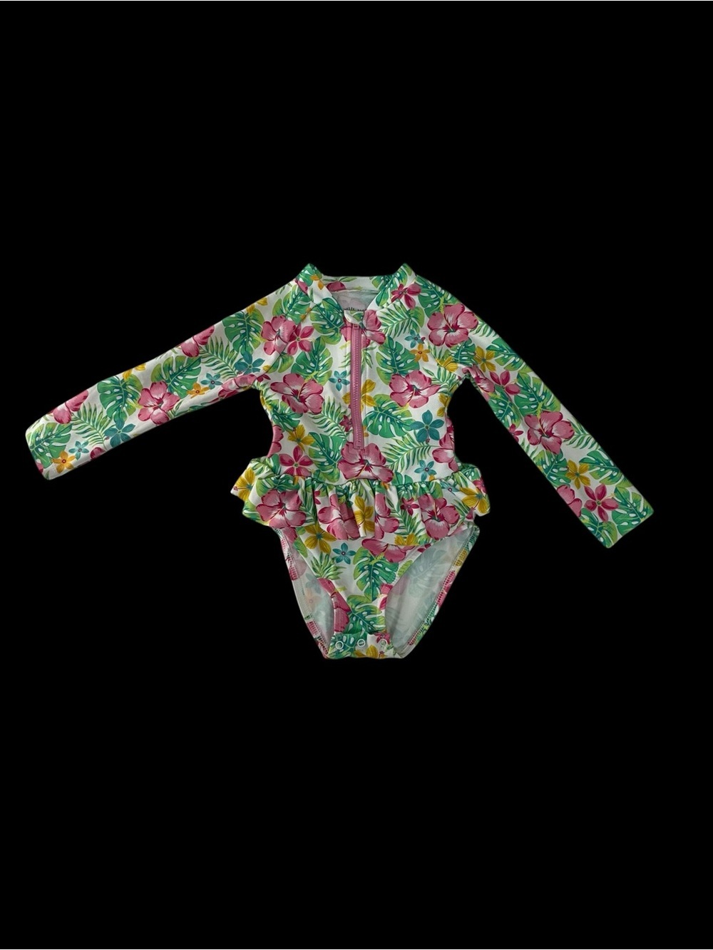 Little Me Pink & Green Floral Ruffle Rashguard One-Piece